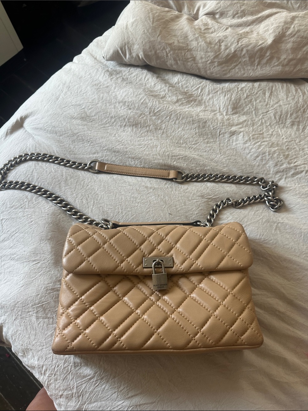 Kurt Geiger Quilted Beige Leather Chain Shoulder Bag